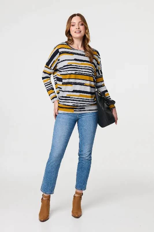 Women's Long Sleeve T-shirt with Statement Print -Striped Long Sleeve Drop Shoulder Top