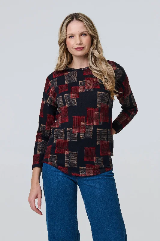 Women's Stylish Long Sleeve T-shirt for Evening -Geo Print Long Sleeve Curve Hem Top Women's Stylish Long Sleeve T-shirt for Evening -Geo Print Long Sleeve Curve Hem Top