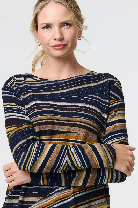 Women's Long Sleeve T-shirt with Button Detail -Stripe Print Long Sleeve Tunic Top