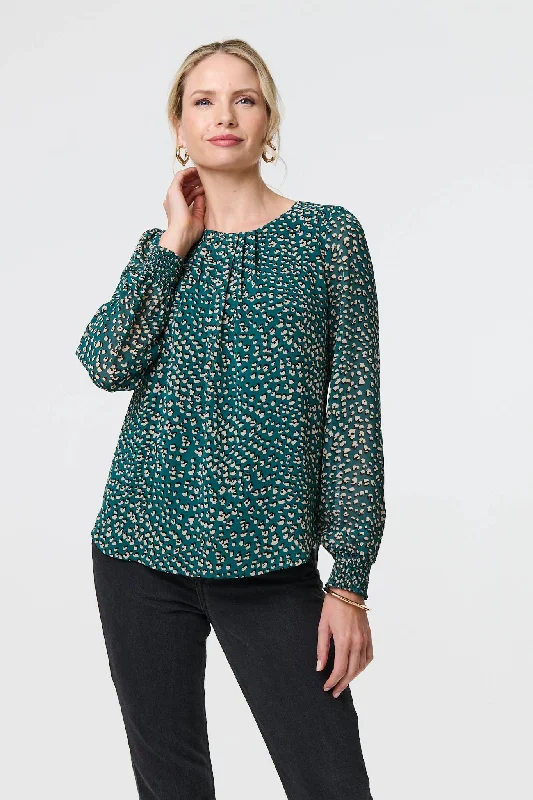 Women's Luxury Top -Animal Print Semi Sheer Blouse