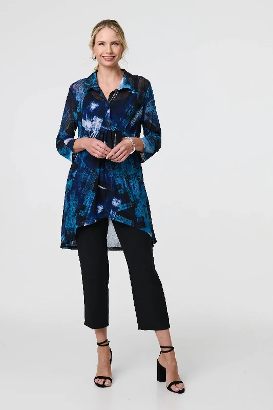 Women's Party Blouse -Abstract Sheer Curve Hem Longline Shirt
