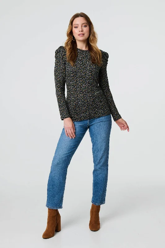 Women's Slim Fit Long Sleeve T-shirt -Ditsy Floral Ruffled Long Sleeve Top