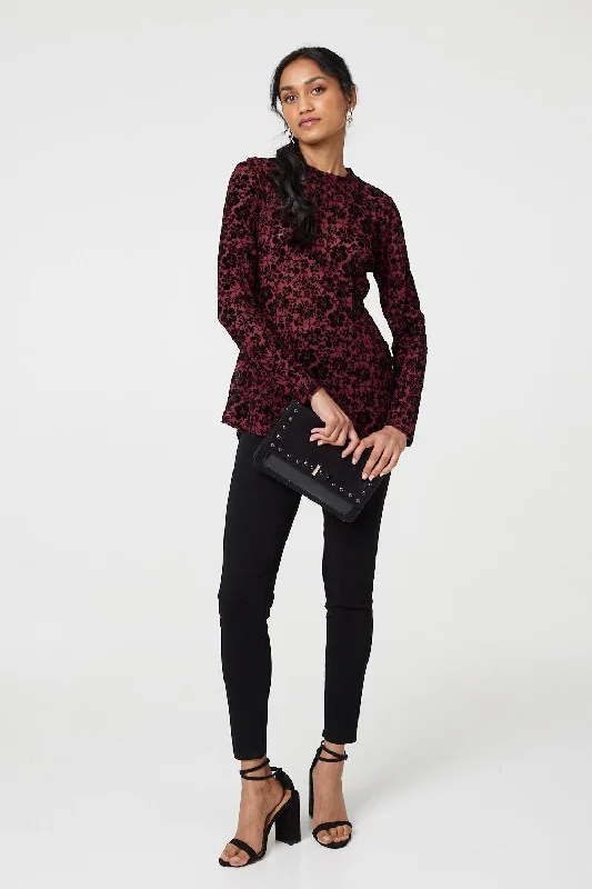 Women's Long Sleeve T-shirt for Yoga -Floral Mesh Layered Long Sleeve Peplum Top