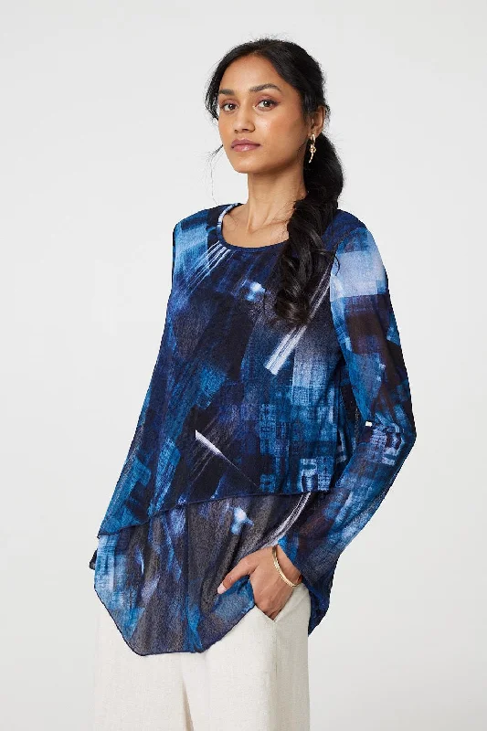 Women's Asymmetric Top -Printed Semi Sheer Asymmetric Tunic Top