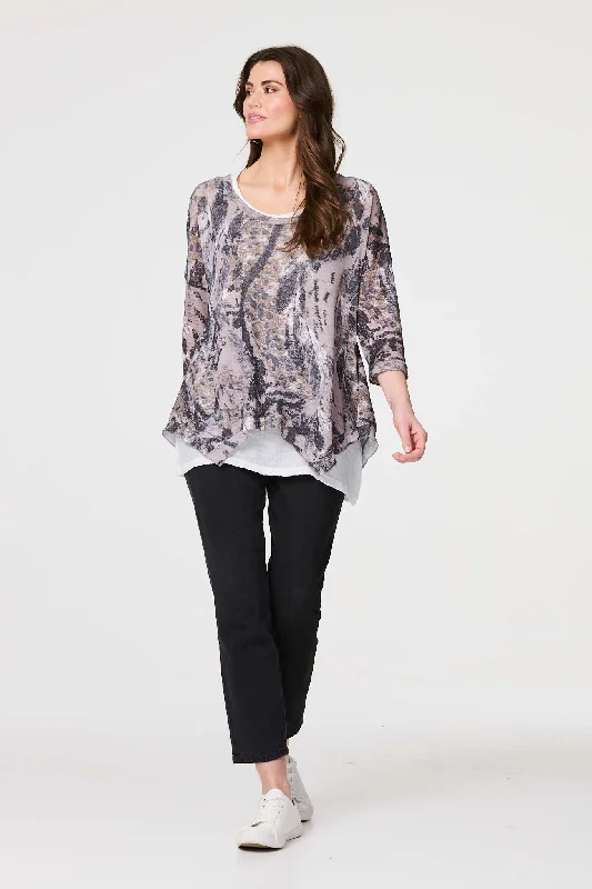 Women's Knit Top -Animal Print Double Layer Relaxed Tunic Top