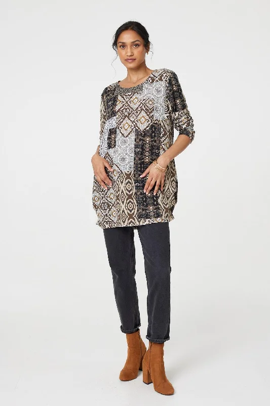 Women's Long Sleeve T-shirt for Casual Outfits -Patchwork Print Long Sleeve Scoop Neck Tunic Women's Long Sleeve T-shirt for Casual Outfits -Patchwork Print Long Sleeve Scoop Neck Tunic