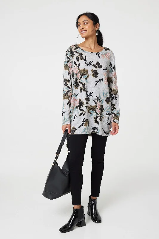 Women's Long Sleeve T-shirt for Lounge -Floral Wide Neck Relaxed Long Sleeve Top