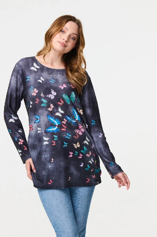 Women's Cold Shoulder Top -Butterfly Print Oversized Longline Top