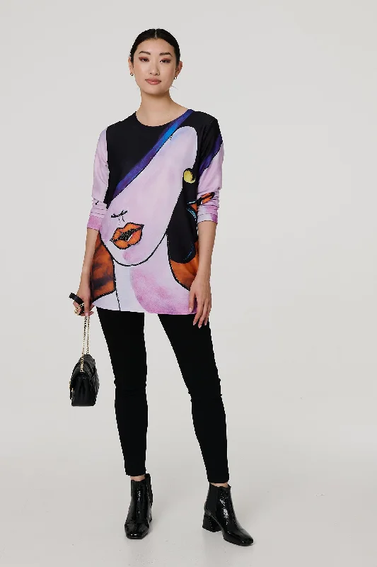Women's Relaxed Fit Long Sleeve T-shirt -Abstract Diamante Detail Long Sleeve Top
