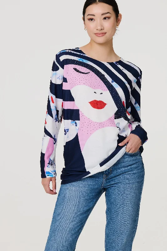 Women's Cotton Long Sleeve Top -Abstract Print Long Sleeve Tunic Top