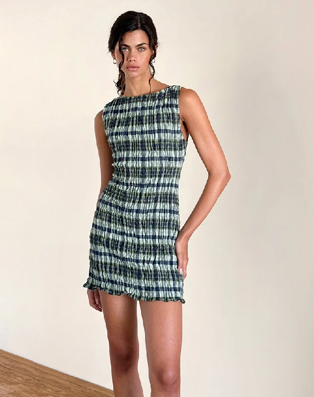 Women's Tunic Mini Dress-Takayi Mini Dress in Linen Mono Check Green
