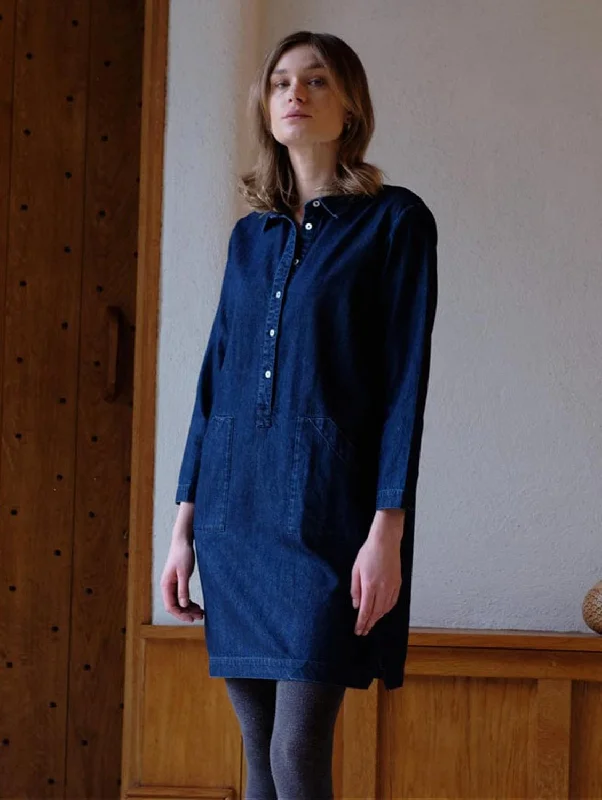 Plaid Shirt Dress for Autumn-Tara Cotton Short Shirt Dress | Dark Blue Denim