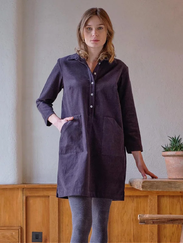 Women's Button-up Plaid Shirt Dress-Tara Cotton Short Shirt Dress | Dove Grey Cord