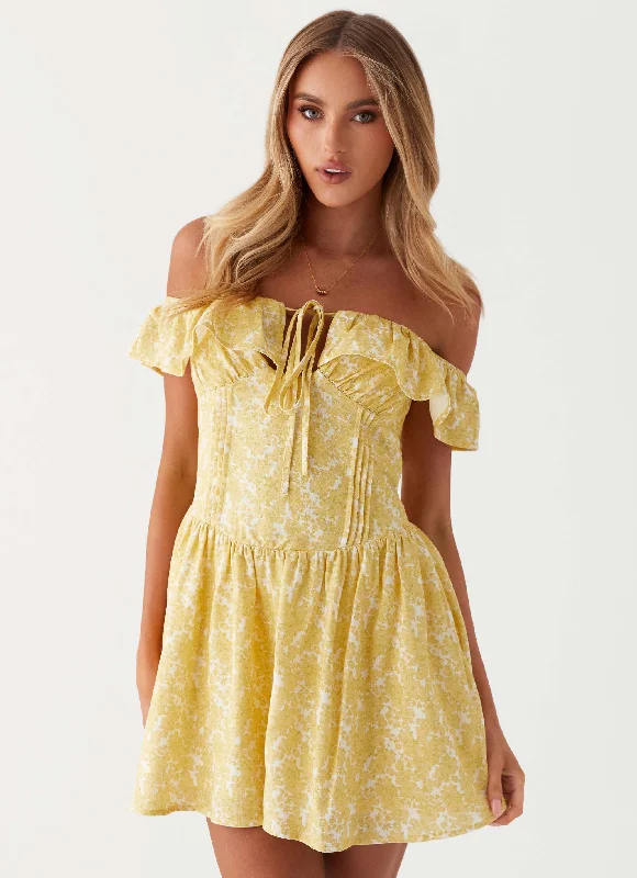 Women's Leather Mini Dress-Tarryn Mini Dress - Yellow Floral