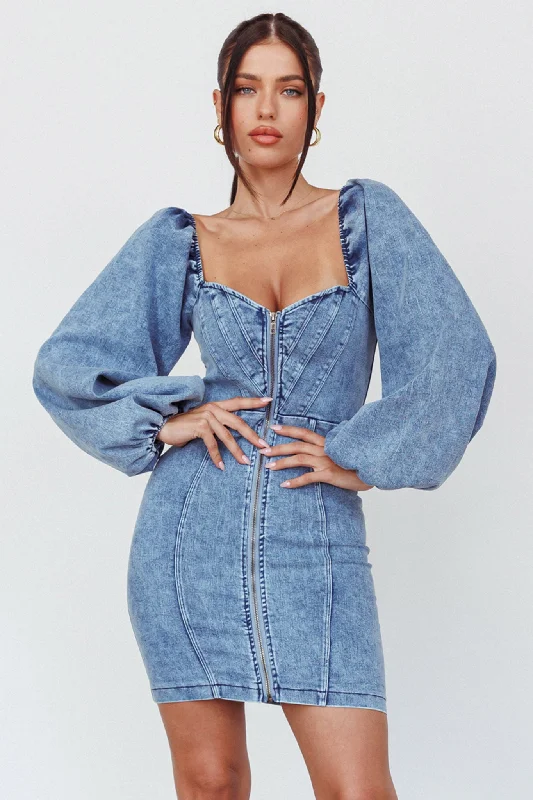 Women's Color-blocked Mini Dress-Tasmyn Balloon Sleeve Zipper Mini Dress Denim