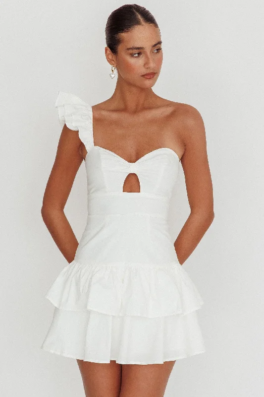 Women's Short-sleeve A-line Mini Dress-Tea Time One Shoulder Ruffle Mini Dress White
