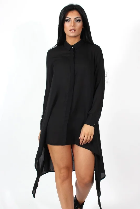 Casual Slim Shirt Dress-Teri Black Dip Hem Shirt Dress