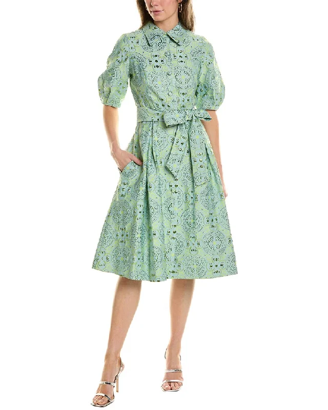 Printed Summer Shirt Dress-Teri Jon by Rickie Freeman Metallic Jacquard Shirtdress