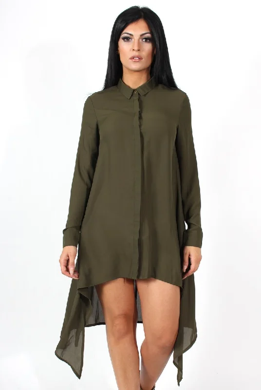 Women's Wrap-around Shirt Dress-Teri Khaki Dip Hem Shirt Dress