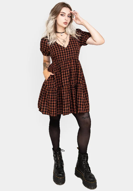 Women's Black Mini Dress-Terra Check Mini Smock Dress - Orange