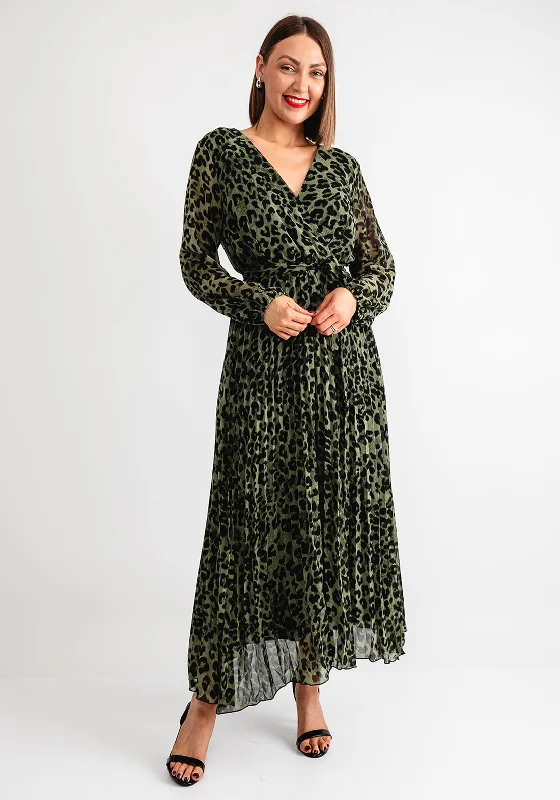 Wrap Dress for Winter Weddings -Silk Wrap Dress for Wedding -Serafina Collection Leopard Pleated Midi Wrap Dress, Green Wrap Dress for Winter Weddings -Silk Wrap Dress for Wedding -Serafina Collection Leopard Pleated Midi Wrap Dress, Green