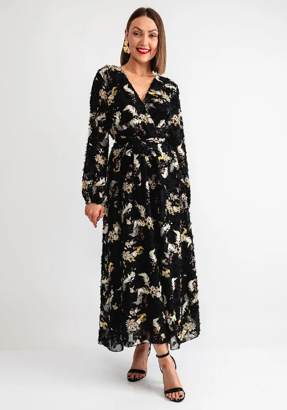Wrap Dress with Empire Waist -Wrap Dress with Deep V-neck -Serafina Collection Floral Embroidered Wrap Dress, Black Wrap Dress with Empire Waist -Wrap Dress with Deep V-neck -Serafina Collection Floral Embroidered Wrap Dress, Black