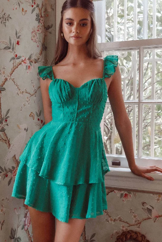 Women's Sexy Satin Slip Mini Dress-Theory Sweetheart Neckline Frill Strap Mini Dress Textured Green