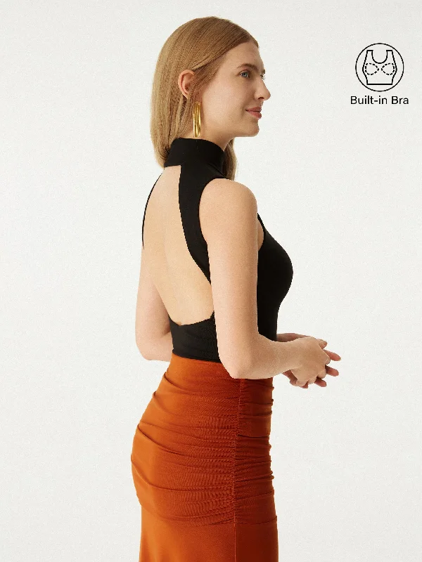 Women's Soft Top -Thermal Mock Neck Open-Back Bra Top