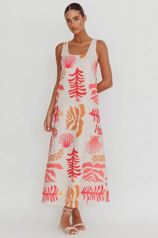 Slip Dress with Ruffle Detail -Women's Blue Satin Slip Dress -Thetis Leaf And Shell Maxi Slip Dress Pink