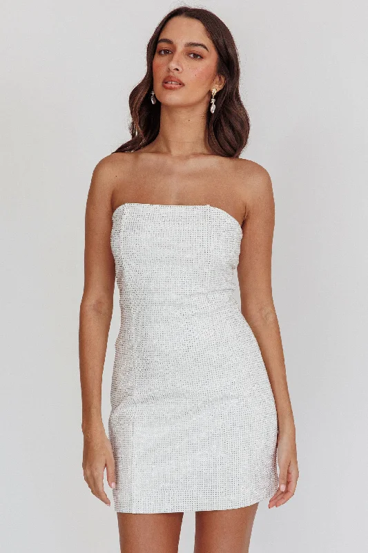 Women's Simple Knit Mini Dress-This Feeling Strapless Diamante Mini Dress White