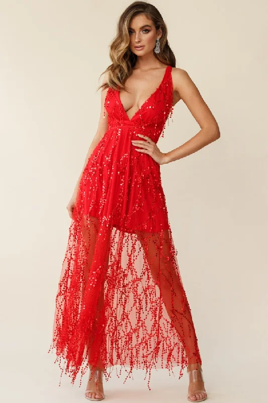 Women's Off-shoulder Boho Maxi Dress-Tiara Sequin Maxi Dress Red