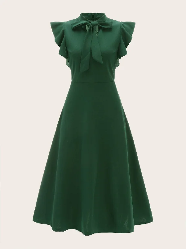 Midi Flare Dress - Tie Neck Ruffle Trim Fit & Flare Dress