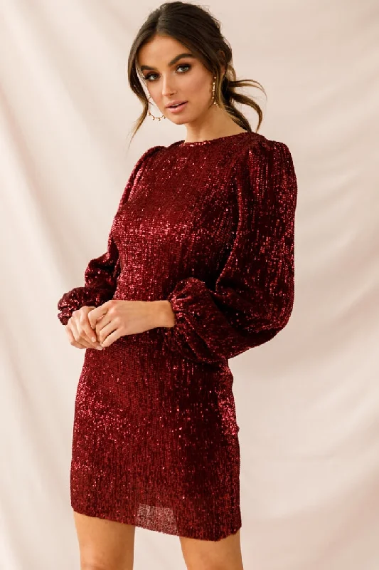 Women's Button-down Shirt Mini Dress-Tinsel Long Sleeve Sequin Mini Dress Plum