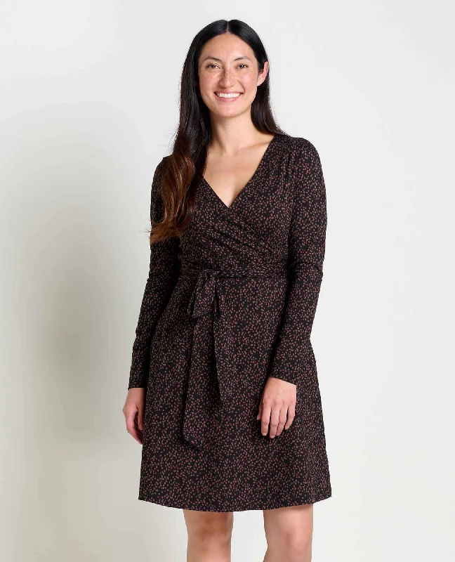 Wrap Dress for Casual Fridays -Sexy Satin Wrap Dress -Women's Cue Wrap Long-Sleeve Dress - Black Dot Print Wrap Dress for Casual Fridays -Sexy Satin Wrap Dress -Women's Cue Wrap Long-Sleeve Dress - Black Dot Print