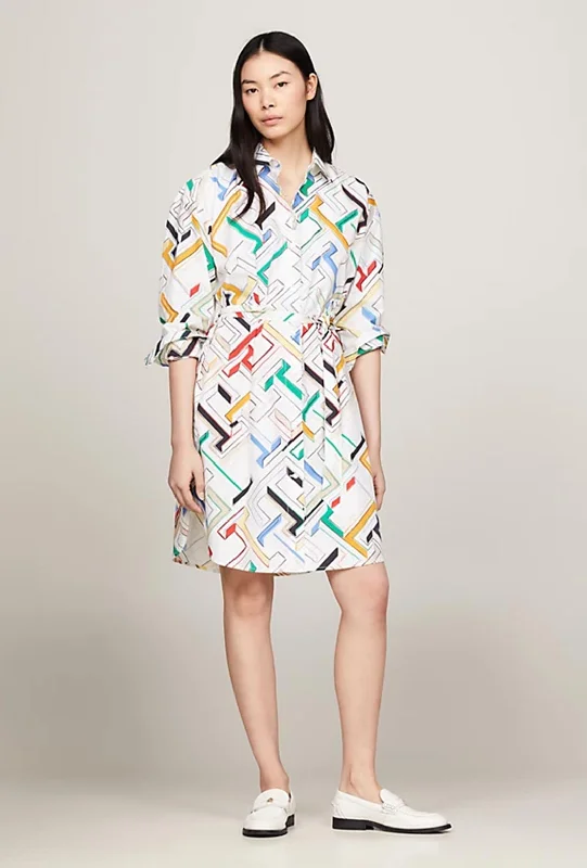 Checked A-line Shirt Dress-Tommy Hilfiger Monogram Print Poplin Shirt Dress, Calico
