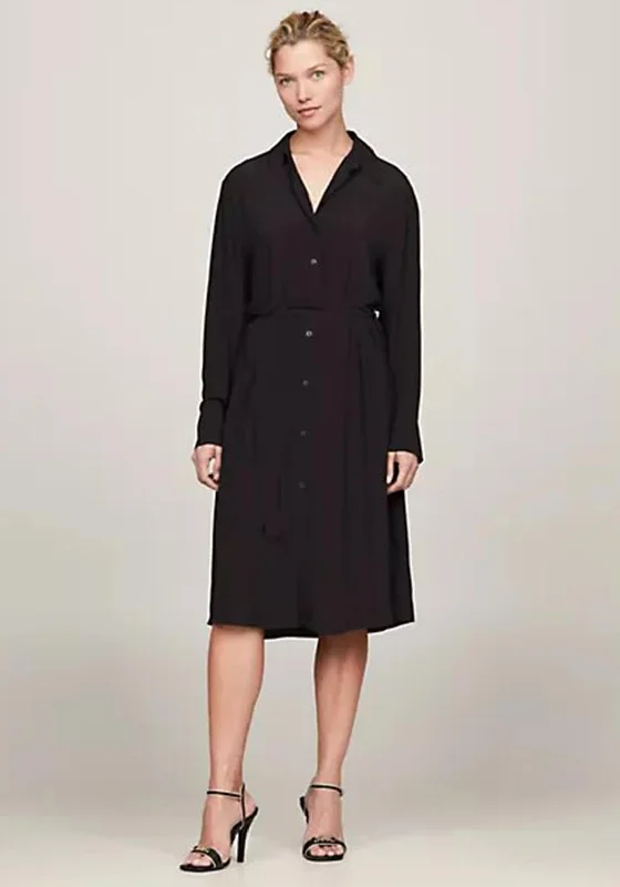 Comfortable Denim Shirt Dress for Winter-Tommy Hilfiger Tie Waist Midi Shirt Dress, Black Comfortable Denim Shirt Dress for Winter-Tommy Hilfiger Tie Waist Midi Shirt Dress, Black