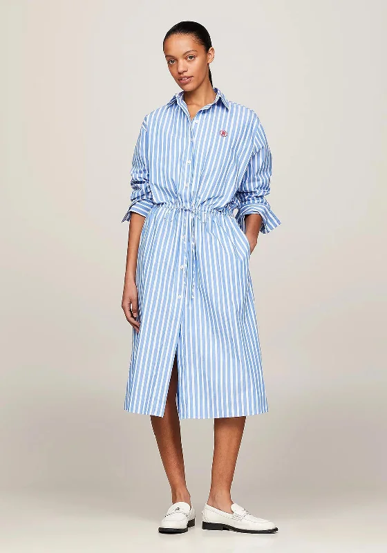Women's Simple Long Shirt Dress-Tommy Hilfiger Womens Monogram Stripe Relaxed Midi Shirt Dress, Blue Spell Women's Simple Long Shirt Dress-Tommy Hilfiger Womens Monogram Stripe Relaxed Midi Shirt Dress, Blue Spell