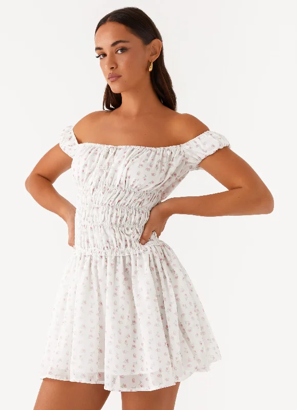 Women's Vintage Mini Dress-Total Bliss Shirred Mini Dress - White Floral