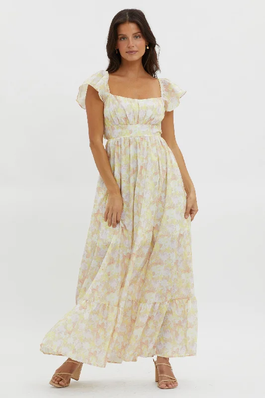 Women's V-back Maxi Dress-Touch The Sky Tied Back Maxi Dress Lemonade