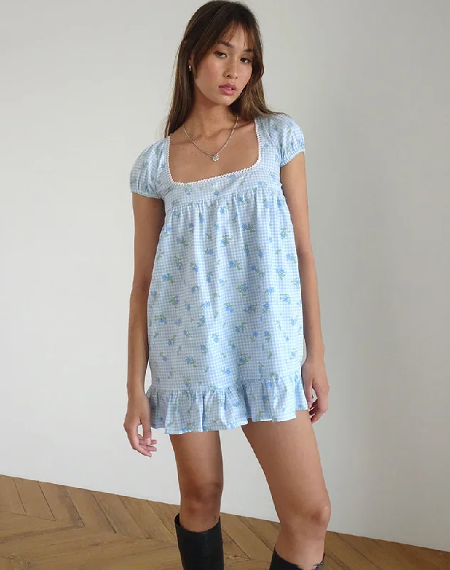 Women's High-Low Mini Dress-Trim Mini Dress in Blue Flower Gingham