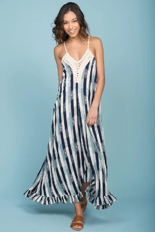 Women's Maxi Dress with Belt-Tristan Striped Crochet Detail Maxi Dress Navy & Beige Women's Maxi Dress with Belt-Tristan Striped Crochet Detail Maxi Dress Navy & Beige