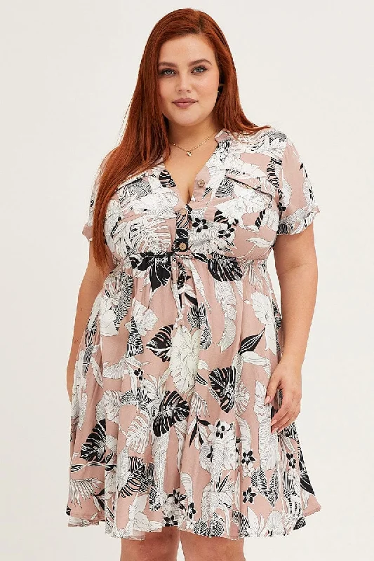 Plaid Shirt Dress for Work-Trop Print Short Sleeve V-neck Shirt Dress