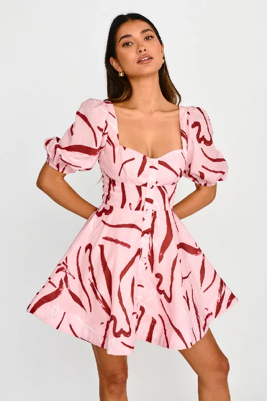 Women's Asymmetric Mini Dress-Truelove Puff Sleeve A-Line Mini Dress Pink