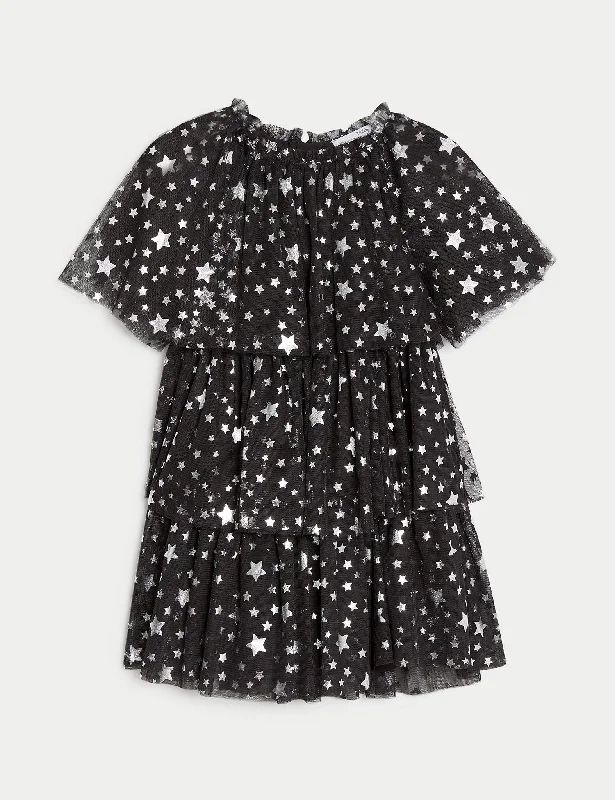 Sequin Party Dress for Sparkle -Tulle Star Print Tiered Party Dress