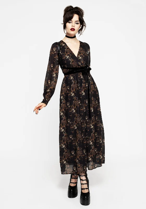 Women's Flared Sleeve Maxi Dress-Underworld Chiffon Gathered Maxi Dress