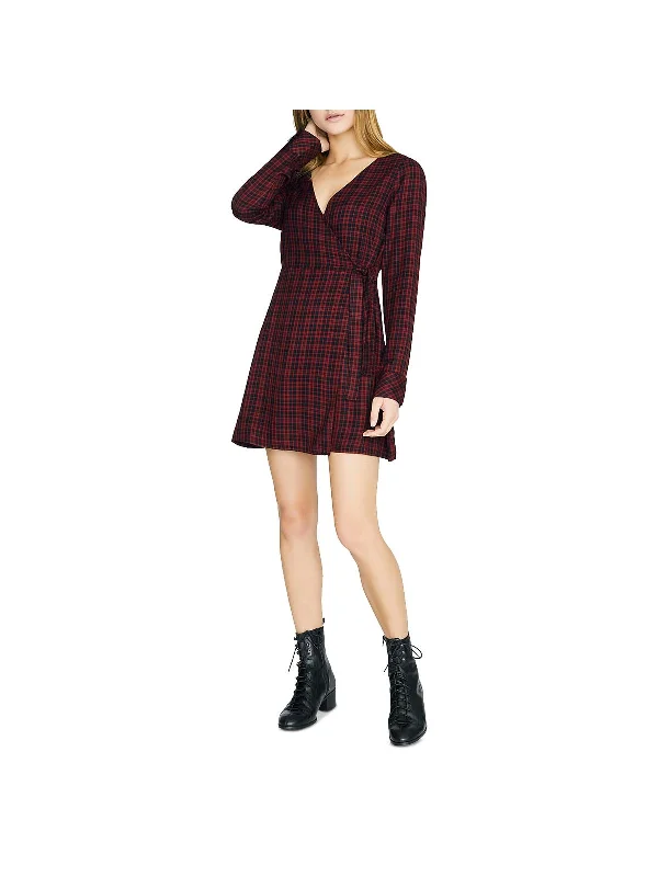 Lace Detail Party Dress for Sophisticated Touch -Upbeat Womens Faux Wrap Plaid Party Dress