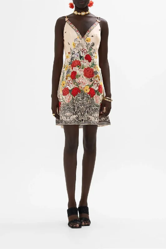 Modern Slip Dress -Satin Slip Dress for Night Out -V-Neck Bias Slip Dress with Back Frill in Etched Into Eternity
