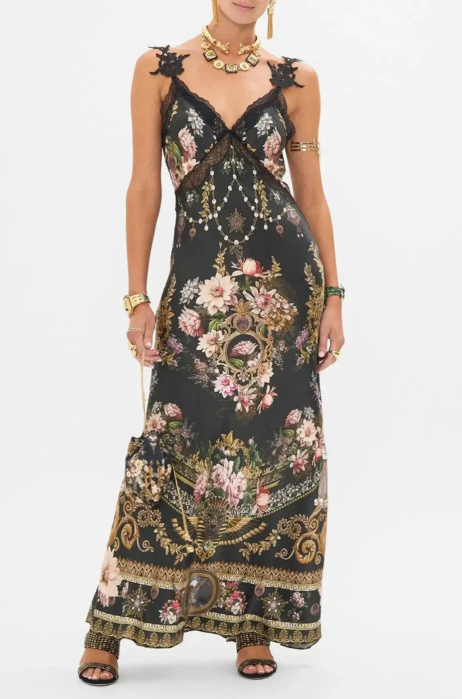 Slip Dress with Adjustable Fit -Women's Off-shoulder Satin Slip Dress with Lace -V-Neck Full Length Bias Slip Dress in Dynasty Daze