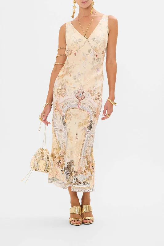 Comfortable Satin Slip Dress -Casual Satin Slip Dress for Work -V-Neck Jacquard Slip Dress in Adorned in Antiquity