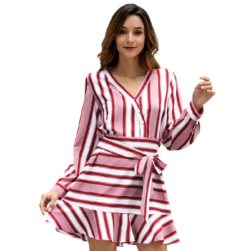 Layered Tulle Party Dress for Girly Style -V-neck Lacing Striped Ruffles A-line Dresses Women Casual Long Sleeves Mini Dress Hight Quality Ladies Elegant Party Dress New